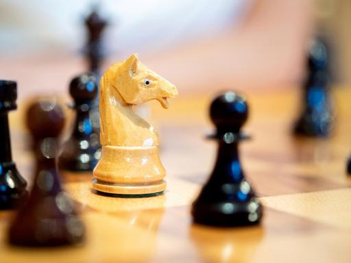 Schachfiguren aus Holz stehen auf einem Schachbrett.