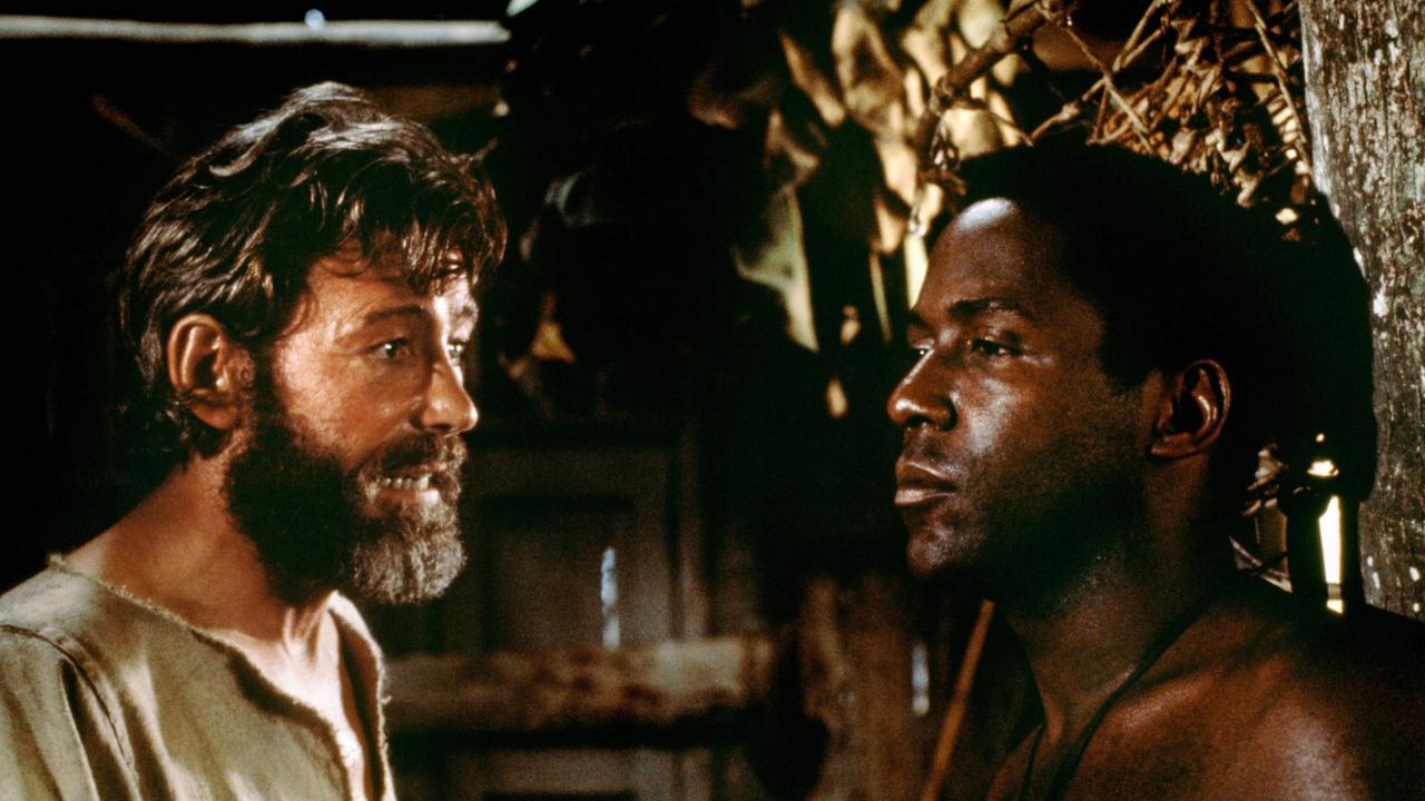 Szene aus der Robinson-Crusoe-Verfilmung "Freitag und Robinson" von Jack Gold aus dem Jahr 1975 mit Peter O’Toole und Richard Roundtree in den Hauptrollen Szene aus der Robinson-Crusoe-Verfilmung "Freitag und Robinson" von Jack Gold aus dem Jahr 1975 mit Peter O’Toole und Richard Roundtree in den Hauptrollen