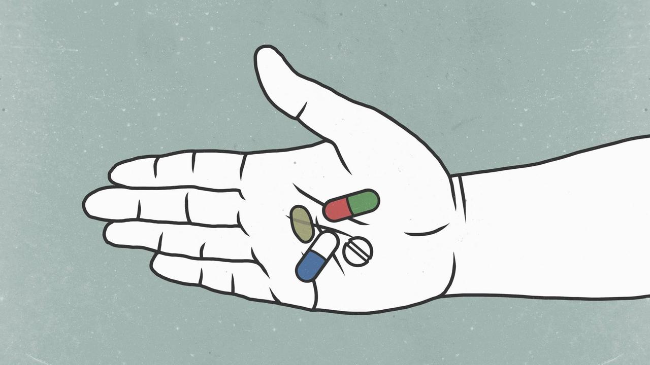 Illustration einer Hand mit Kapseln und Tabletten in der Handfläche. Illustration einer Hand mit Kapseln und Tabletten in der Handfläche.