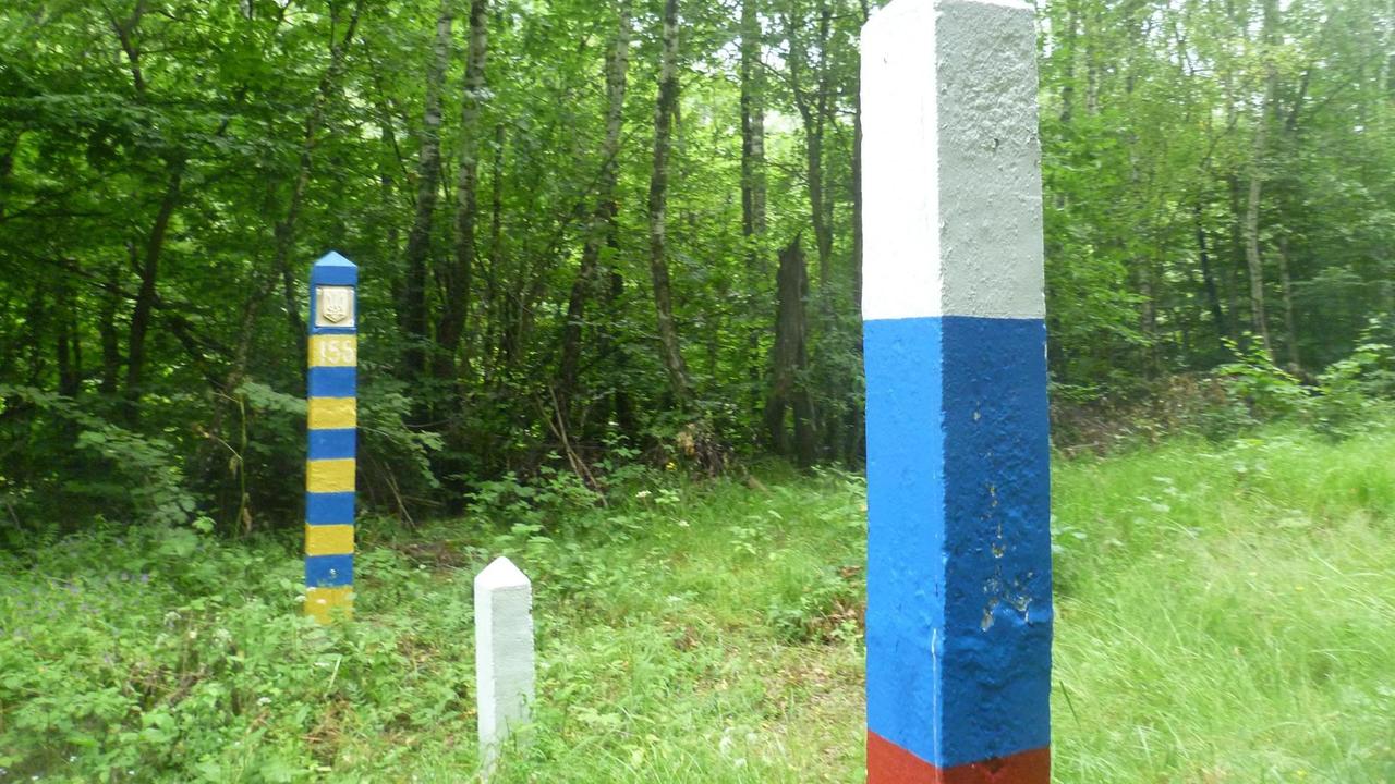 Pfosten zur Markierung der Grenze Slowakei und Ukraine. Sie stehen auf einer Wiese im Wald.
