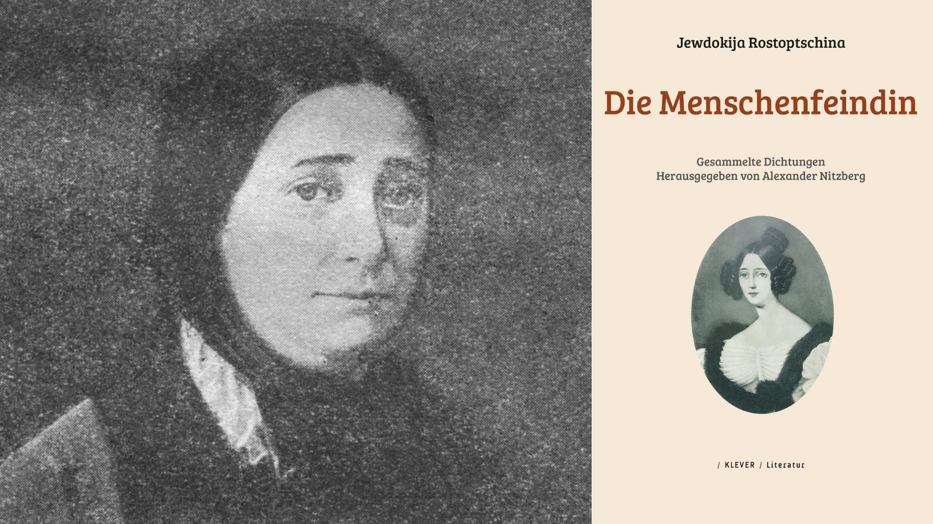 Zu sehen ist eine Daguerreotypie der Autorin Jewdokija Rostoptschina aus dem Jahr 1858 und das Cover des Buches "Die Menschenfeindin. Gesammelte Dichtungen". Zu sehen ist eine Daguerreotypie der Autorin Jewdokija Rostoptschina aus dem Jahr 1858 und das Cover des Buches "Die Menschenfeindin. Gesammelte Dichtungen".