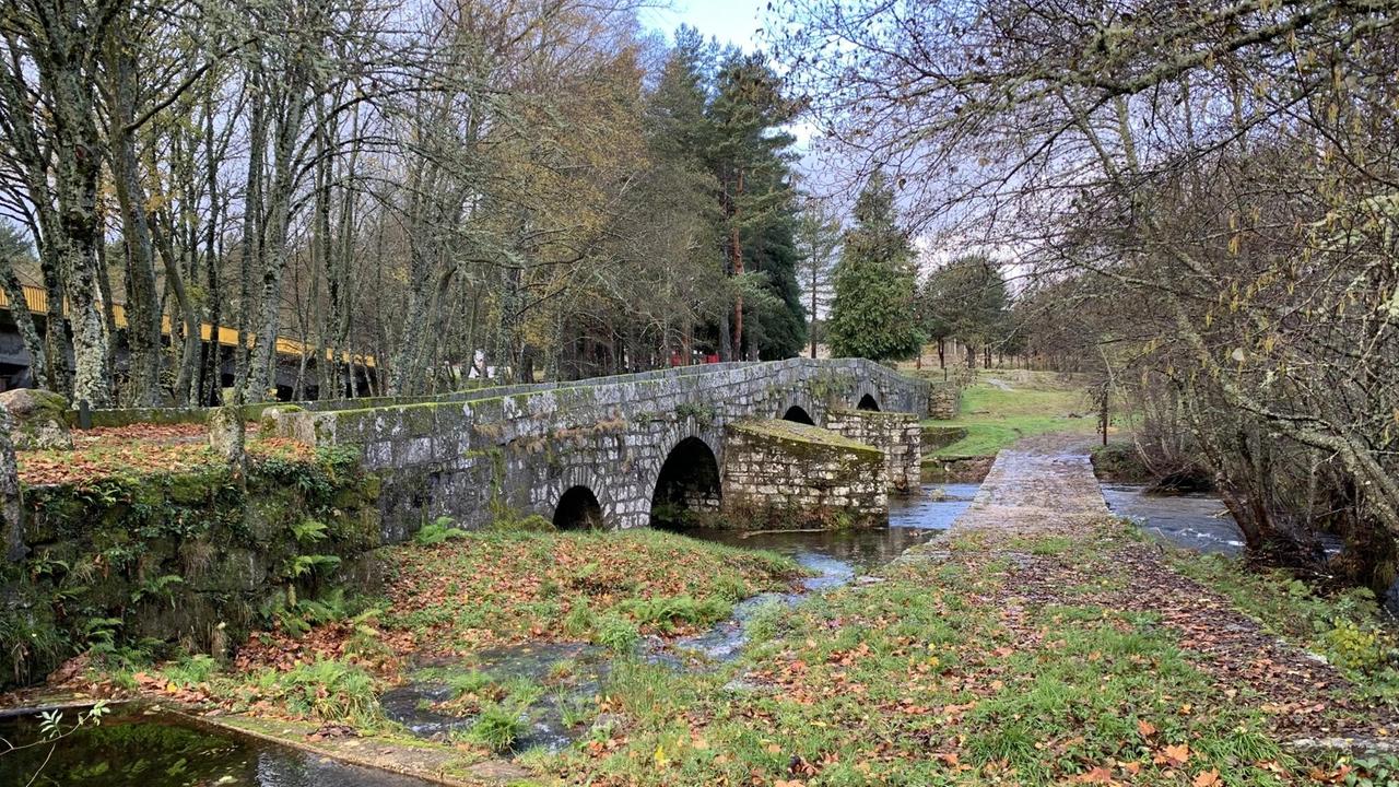 Eine alte Steinbrücke führt über einen Fluß in einer idyllischen Parklandschaft.