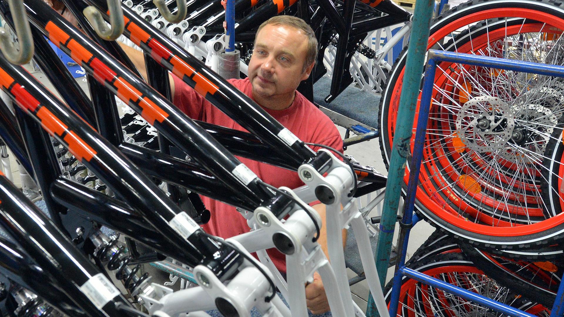 Fahrradrahmen kontrolliert Dieter Mansfeld am 06.09.2012 in der Produktion des Fahrradherstellers Mifa in Sangerhausen.