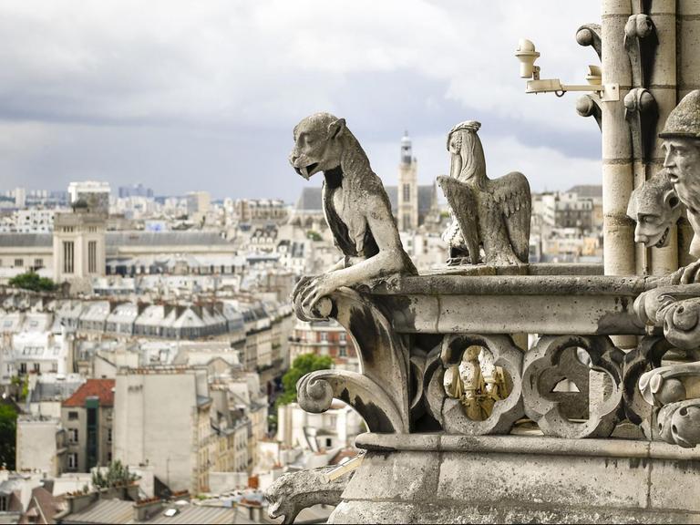 Zwei Skulpturen auf dem Dach der Pariser Kathedrale Notre-Dame (2017).