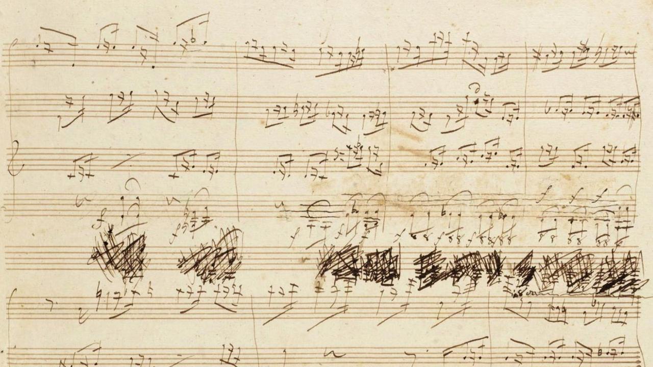 Ein Autograph von Ludwig van Beethoven. Es sind Skizzen zu seiner Großen Fuge B-Dur für Streichquartett. Ein Autograph von Ludwig van Beethoven. Es sind Skizzen zu seiner Großen Fuge B-Dur für Streichquartett.