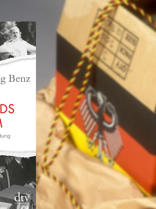 Buchcover "Wie es zu Deutschlands Teilung kam" von Wolfgang Benz, im Hintergrund ein schwarz-rot-goldenes Paket mit den Symbolen der BRD und DDR