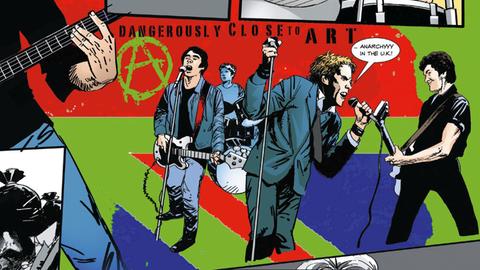 Auf der Zeichnung, einem Ausschnitt aus einer Seite des Buches, wird ein Konzert der Band "Sex Pistols" zeichnerisch dargstellt. Im Hintergrund steht "Dangerously close to art" - "Gefährlich nah an Kunst"
