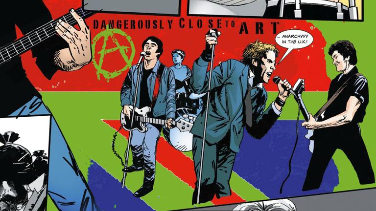 Auf der Zeichnung, einem Ausschnitt aus einer Seite des Buches, wird ein Konzert der Band "Sex Pistols" zeichnerisch dargstellt. Im Hintergrund steht "Dangerously close to art" - "Gefährlich nah an Kunst" Auf der Zeichnung, einem Ausschnitt aus einer Seite des Buches, wird ein Konzert der Band "Sex Pistols" zeichnerisch dargstellt. Im Hintergrund steht "Dangerously close to art" - "Gefährlich nah an Kunst"