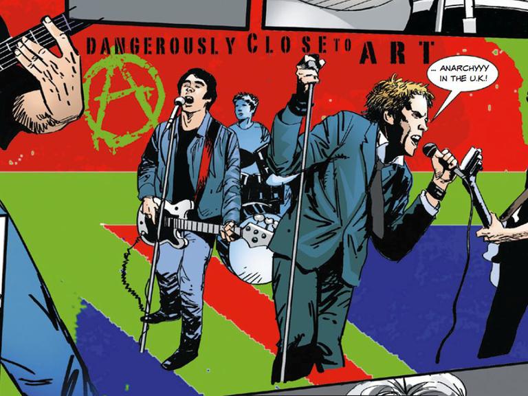 Auf der Zeichnung, einem Ausschnitt aus einer Seite des Buches, wird ein Konzert der Band "Sex Pistols" zeichnerisch dargstellt. Im Hintergrund steht "Dangerously close to art" - "Gefährlich nah an Kunst"