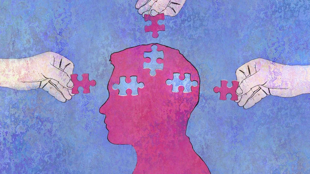 Illustration eines abstrakten Kopfs in der Seitenansicht, dem von Händen Puzzleteile eingesetzt werden. Illustration eines abstrakten Kopfs in der Seitenansicht, dem von Händen Puzzleteile eingesetzt werden.