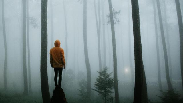 Ein junger Mann steht auf einem Stein in einem Wald im Nebel.