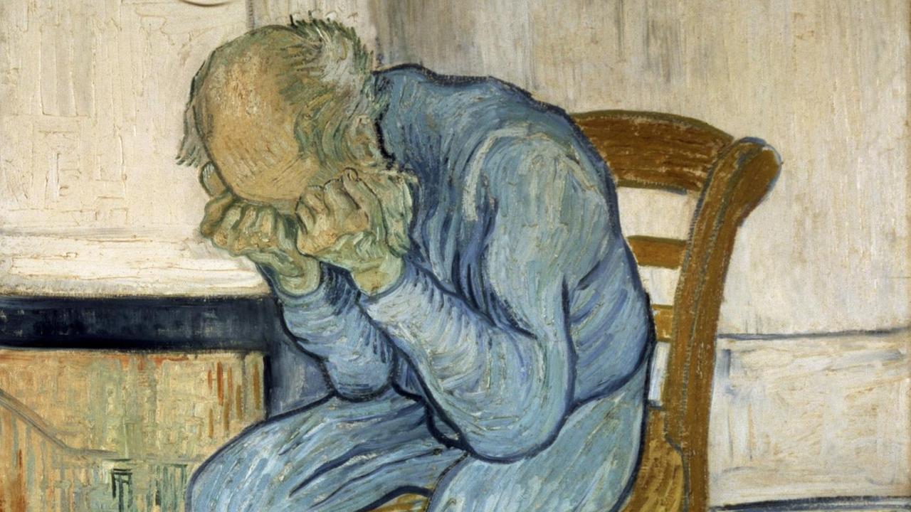 Das Bild wurde von Vincent van Gogh gemalt und zeigt einen trauernden alten Mann, der sein Gesicht in den Händen verbirgt. Das Bild wurde von Vincent van Gogh gemalt und zeigt einen trauernden alten Mann, der sein Gesicht in den Händen verbirgt.