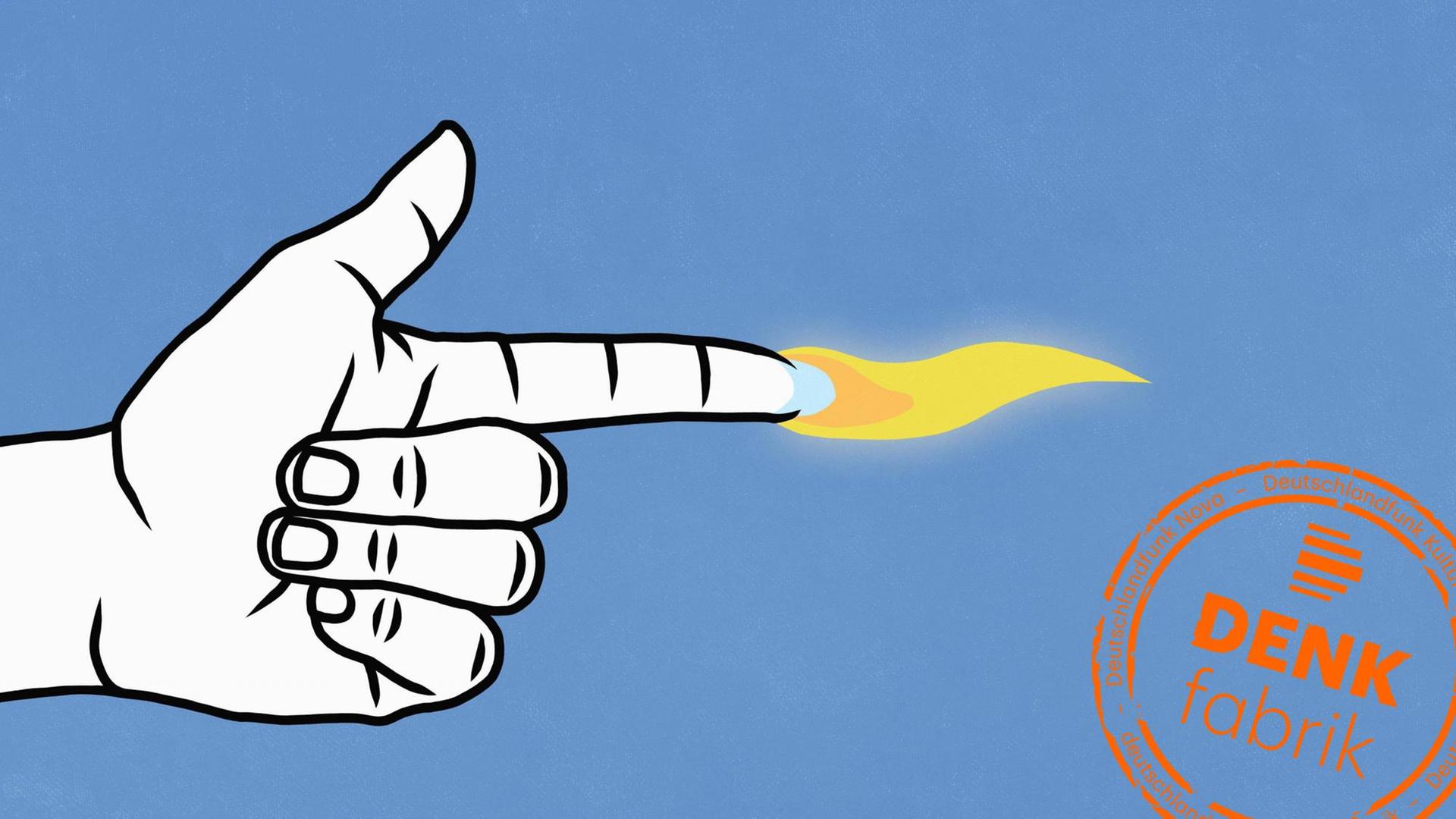 Illustration: Ein ausgestreckter Zeigefinger, aus dem vorne eine Flamme heraus kommt, vor blauem Hintergrund. Illustration: Ein ausgestreckter Zeigefinger, aus dem vorne eine Flamme heraus kommt, vor blauem Hintergrund.