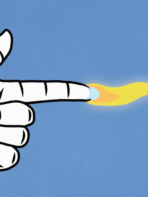 Illustration: Ein ausgestreckter Zeigefinger, aus dem vorne eine Flamme heraus kommt, vor blauem Hintergrund.