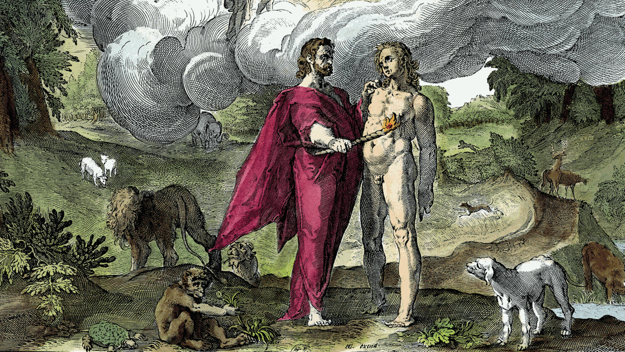 Der Titan Prometheus erschafft mit dem gestohlenen Feuer den ersten Menschen - nachkolorierter französischer Stich aus dem 17. Jahrhundert Der Titan Prometheus erschafft mit dem gestohlenen Feuer den ersten Menschen - nachkolorierter französischer Stich aus dem 17. Jahrhundert