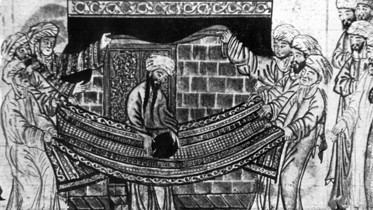 Die Miniatur aus dem Topkapi Museum in Istanbul zeigt den Propheten Mohammed vor der Kaaba in Mekka. Er legt den Hadschar (schwarzen Stein) in einen Teppich, damit er in den östlichen Teil der Kaaba gebracht werden kann. Mohammed, der Stifter des Islam, wurde um 570 als Abul Kasim Muhammad Ibn Abd Allah in Mekka geboren und ist am 8. Juni 632 in Medina gestorben. Die Miniatur aus dem Topkapi Museum in Istanbul zeigt den Propheten Mohammed vor der Kaaba in Mekka. Er legt den Hadschar (schwarzen Stein) in einen Teppich, damit er in den östlichen Teil der Kaaba gebracht werden kann. Mohammed, der Stifter des Islam, wurde um 570 als Abul Kasim Muhammad Ibn Abd Allah in Mekka geboren und ist am 8. Juni 632 in Medina gestorben.