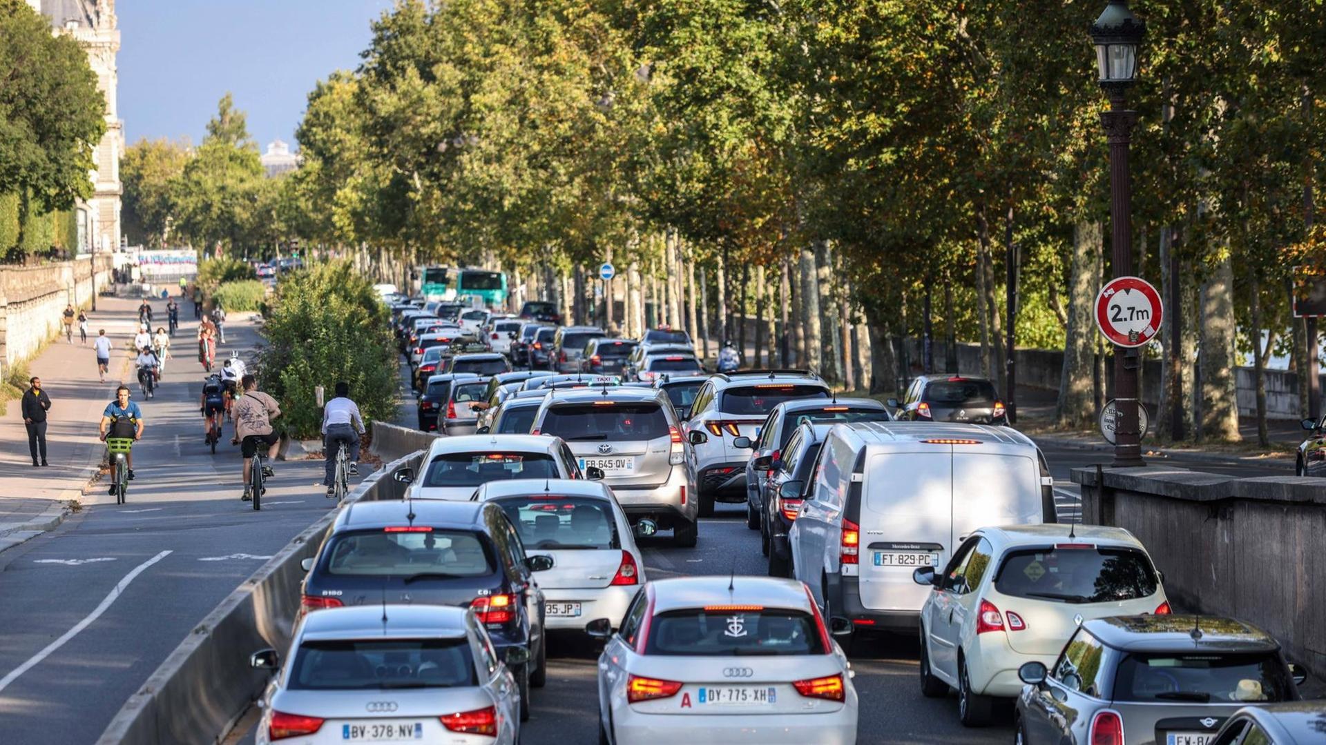Blick auf eine Straße in Paris: rechts fahren Autos, links fahren Menschen auf Fahrrädern auf einem Radweg Blick auf eine Straße in Paris: rechts fahren Autos, links fahren Menschen auf Fahrrädern auf einem Radweg