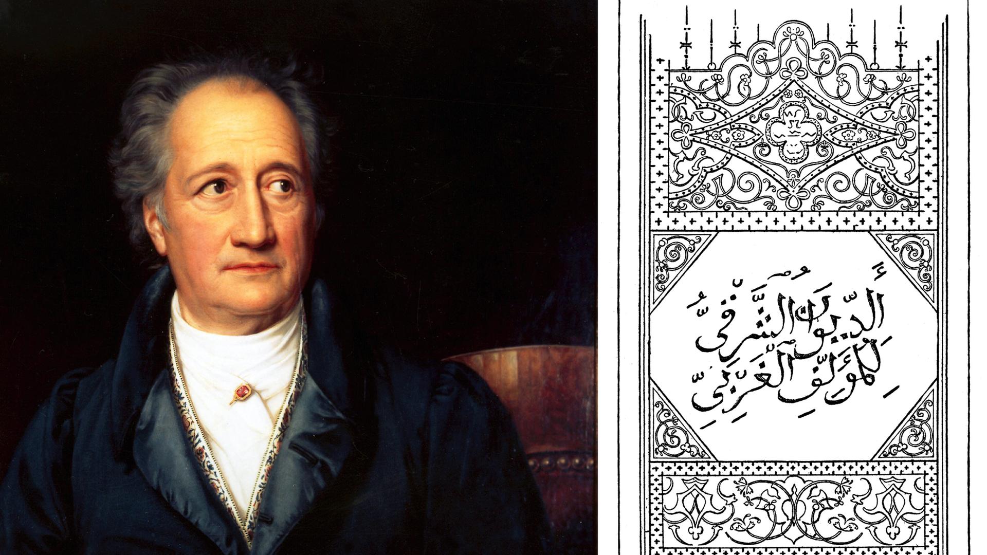 Eine Montage aus einem Bild von Johann Wolfgang von Goethe in einer Ölgemälde-Darstellung von Joseph Stieler und Friedrich Dürck aus dem Besitz der Stiftung Weimarer Klassik. sowie eine Abbildung eines Historischeren Drucks von 1819 der 1. Ausgabe der Gedichtsammlung West-östlicher Divan aus dem Bildatlas zur Geschichte der Deutschen Nationalliteratur von Gustav Könnecke von 1887. Eine Montage aus einem Bild von Johann Wolfgang von Goethe in einer Ölgemälde-Darstellung von Joseph Stieler und Friedrich Dürck aus dem Besitz der Stiftung Weimarer Klassik. sowie eine Abbildung eines Historischeren Drucks von 1819 der 1. Ausgabe der Gedichtsammlung West-östlicher Divan aus dem Bildatlas zur Geschichte der Deutschen Nationalliteratur von Gustav Könnecke von 1887.