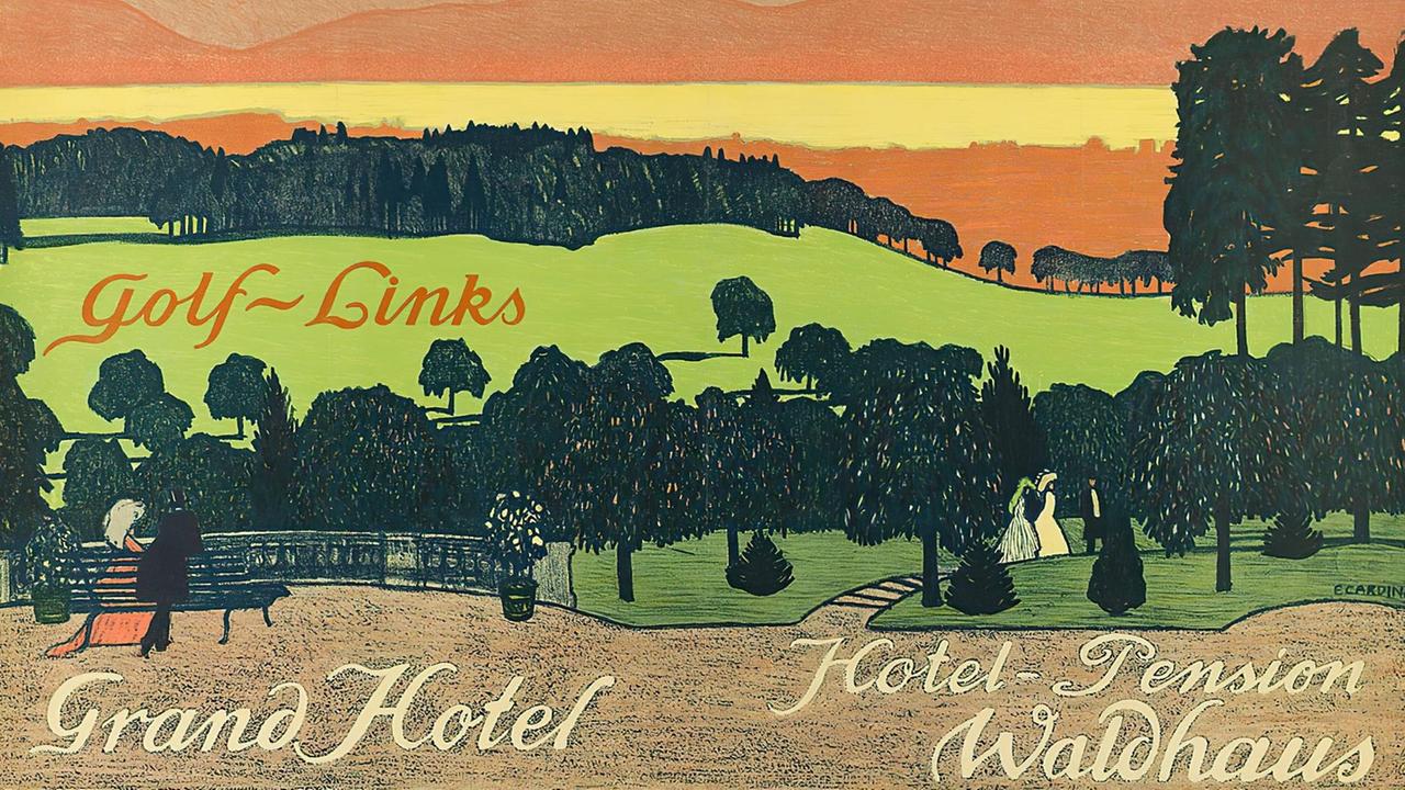 Ein historisches Werbeplakat für das Grand-Hotel Waldhaus zeigt eine Terasse, auf der Menschen sitzen und in der Ferne eine Landschaft mit Bergen. Ein historisches Werbeplakat für das Grand-Hotel Waldhaus zeigt eine Terasse, auf der Menschen sitzen und in der Ferne eine Landschaft mit Bergen.