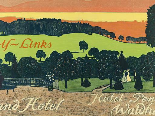 Ein historisches Werbeplakat für das Grand-Hotel Waldhaus zeigt eine Terasse, auf der Menschen sitzen und in der Ferne eine Landschaft mit Bergen.