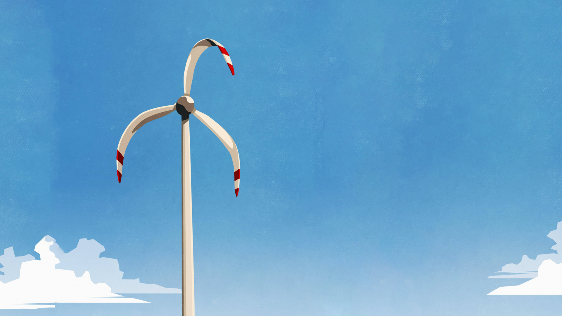 Illustration: Ein Windrad mit herunterhängenden Rotorblättern vor blauem Himmel. Illustration: Ein Windrad mit herunterhängenden Rotorblättern vor blauem Himmel.