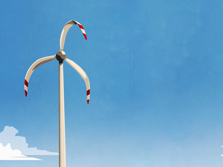 Illustration: Ein Windrad mit herunterhängenden Rotorblättern vor blauem Himmel.