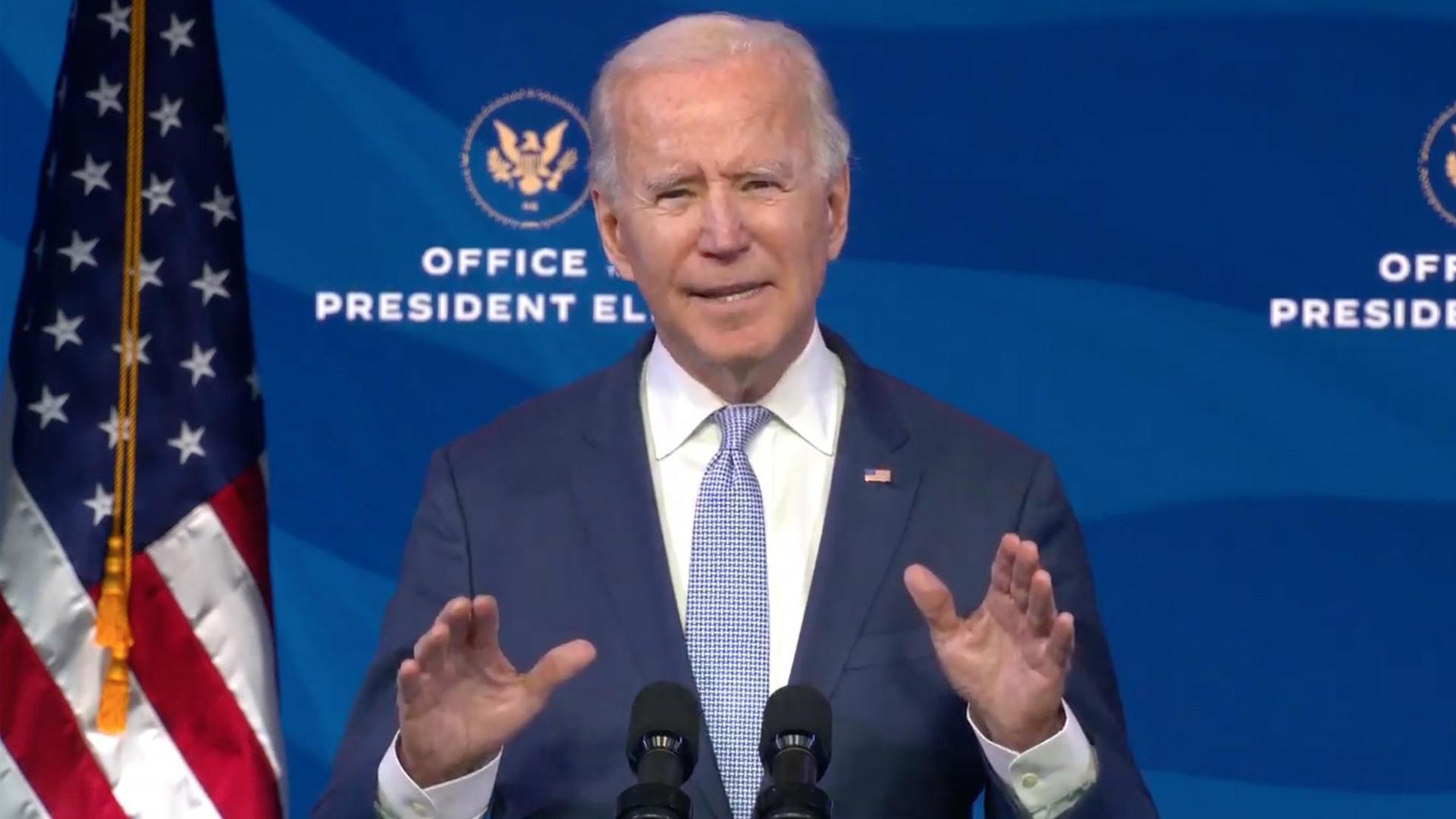 United States President-elect Joe Biden delivers remarks from the Queen Theatre in Wilmington, Delaware on the unrest in and around the US Capitol in Wilmington, Delaware on Wednesday, January 6, 2021. In his remarks Biden condemned Trump for inciting the violence. Credit: Biden Transition via CNP United States President-elect Joe Biden delivers remarks from the Queen Theatre in Wilmington, Delaware on the unrest in and around the US Capitol in Wilmington, Delaware on Wednesday, January 6, 2021. In his remarks Biden condemned Trump for inciting the violence. Credit: Biden Transition via CNP