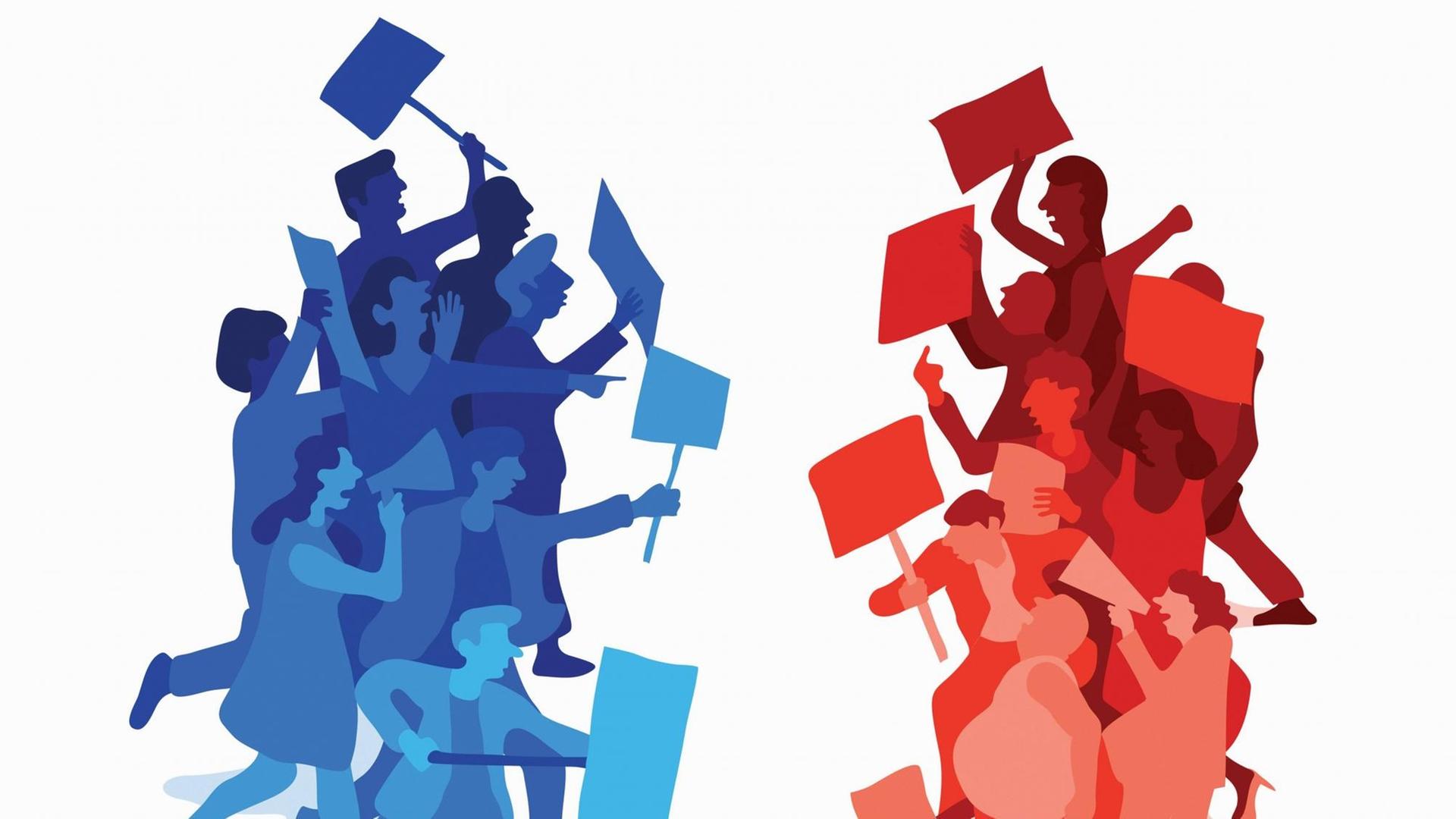 Während einer Demonstration streiten zwei einander gegenüberstehende Parteien mit Plakaten und Megafonen. Während einer Demonstration streiten zwei einander gegenüberstehende Parteien mit Plakaten und Megafonen.