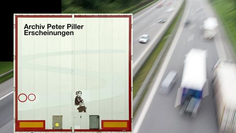 Buchcover "Erscheinungen" von Archiv Peter Piller, im Hintergrund LKWs auf der Autobahn