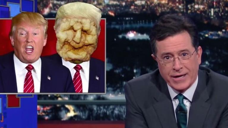 TV-Bild von der Late-Night-Show: Trump und neben ihm dem Moderator Stephen Colbert. TV-Bild von der Late-Night-Show: Trump und neben ihm dem Moderator Stephen Colbert.