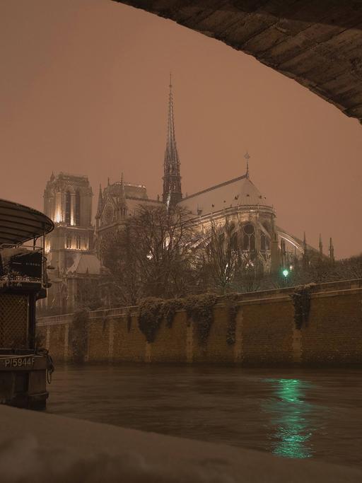 Schneebedeckte Notre Dame im Winter