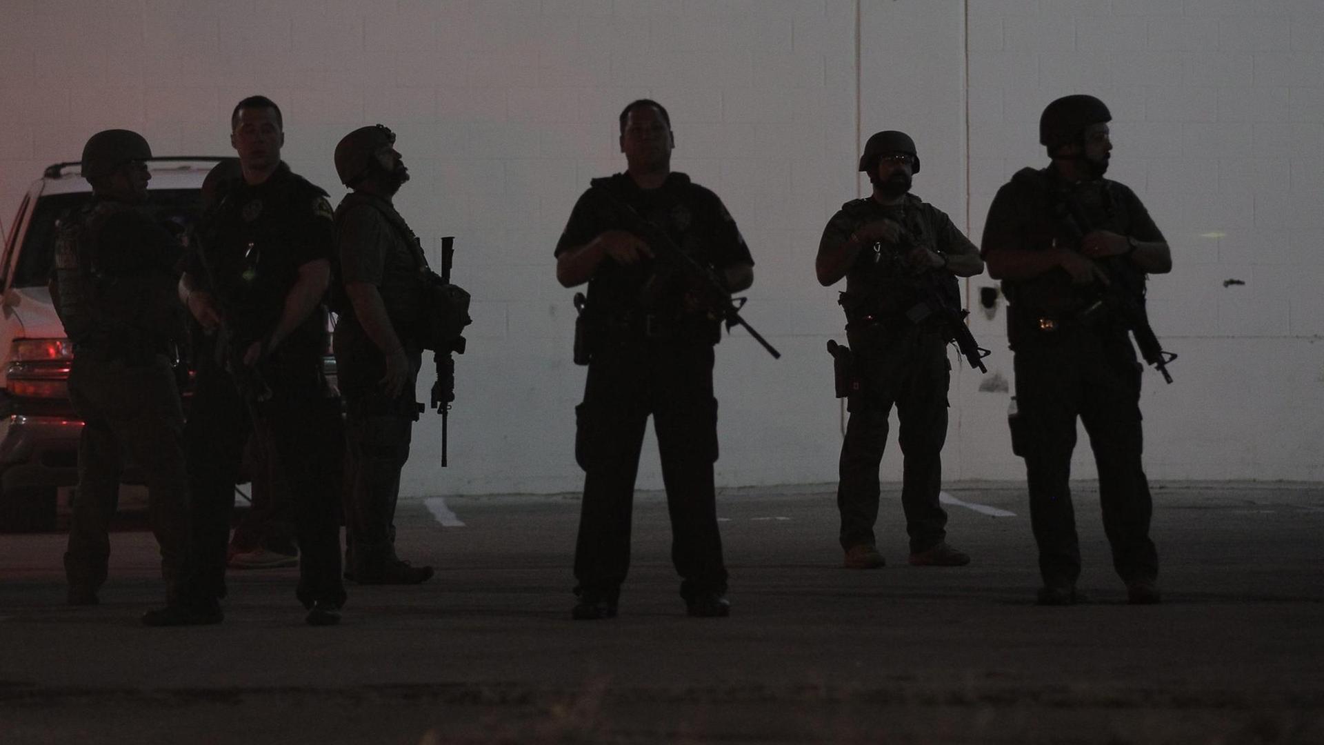 Schwer bewaffnete Polizisten in Dallas. Schwer bewaffnete Polizisten in Dallas.