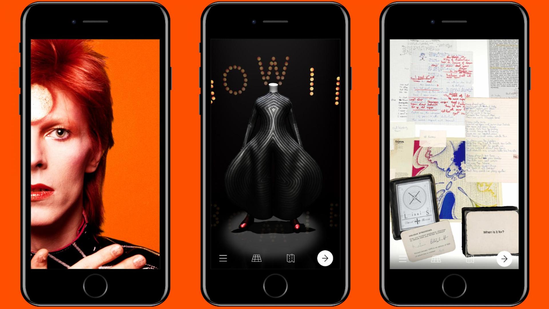 Screenshots dreier Bilder aus der "David Bowie is real"-App auf einem Smartphone.