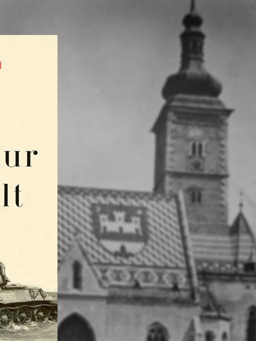 Die Markus-Kirche in Zagreb, im Vordergrund das Cover des Buches "Die Reperatur der Welt" von Slobodan Snajder.