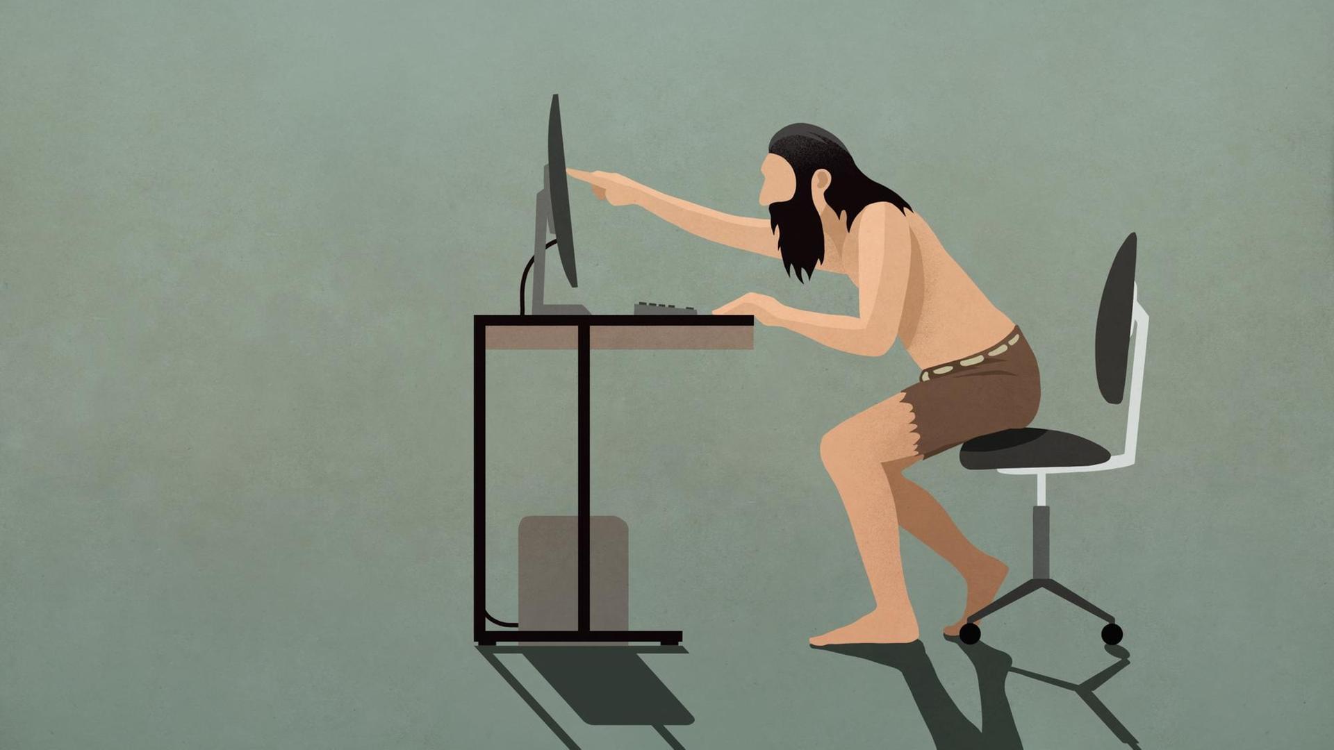 Illustration: Ein Neandertaler sitzt an einem Schreibtich und zeigt mit dem Finger auf den Bildschirm des Computers. Illustration: Ein Neandertaler sitzt an einem Schreibtich und zeigt mit dem Finger auf den Bildschirm des Computers.