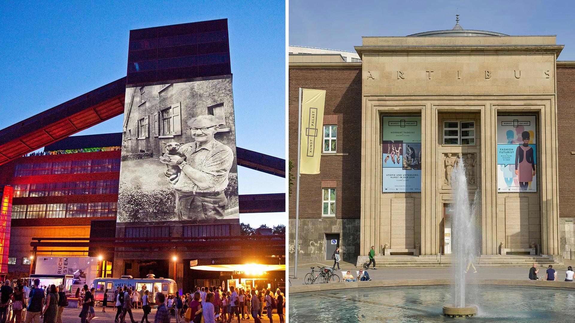 Gegenüberstellung von zwei Aufnahmen der Ausstellungsorte Zeche Zollverein in Essen bei einer abendlichen Veranstaltung sowie dem Eingangsportal des Ehrenhofs in Düsseldorf mit Springbrunnen und blauem Himmel. Gegenüberstellung von zwei Aufnahmen der Ausstellungsorte Zeche Zollverein in Essen bei einer abendlichen Veranstaltung sowie dem Eingangsportal des Ehrenhofs in Düsseldorf mit Springbrunnen und blauem Himmel.