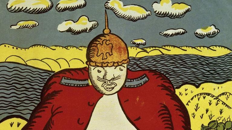 Eine russische Karikatur aus dem ersten Weltkrieg. Abgebildet ein beleibter Deutscher mit Pickelhaube. Eine russische Karikatur aus dem ersten Weltkrieg. Abgebildet ein beleibter Deutscher mit Pickelhaube.