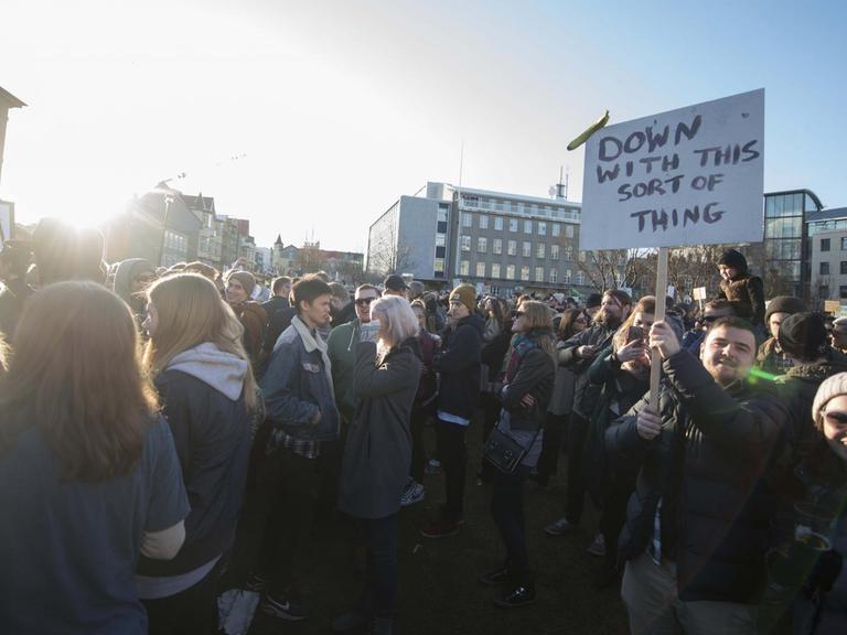 Demonstranten vor dem Parlament in Reykjavík fordern den Rücktritt von Ministerpräsident Gunnlaugsson.