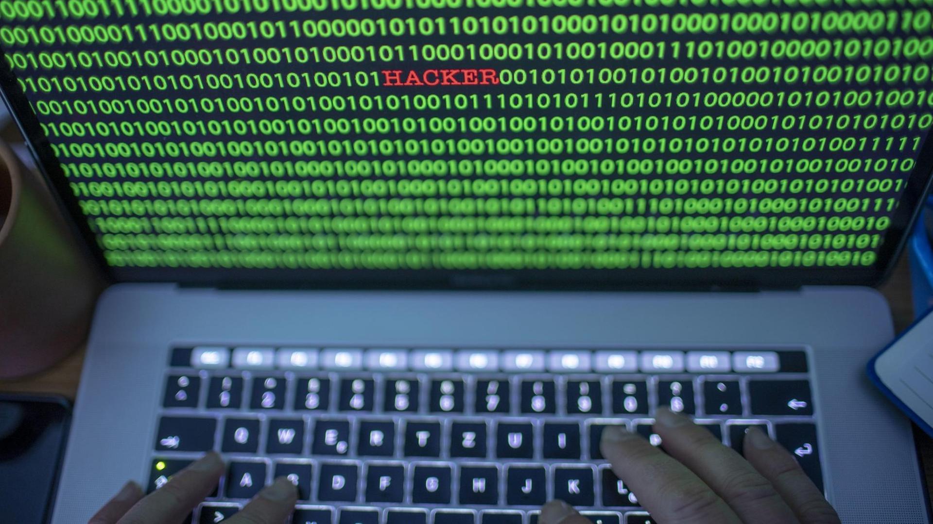 Zwischen dem Binärcode auf einem Laptopmonitor ist der Schriftzug "Hacker" zu sehen Zwischen dem Binärcode auf einem Laptopmonitor ist der Schriftzug "Hacker" zu sehen