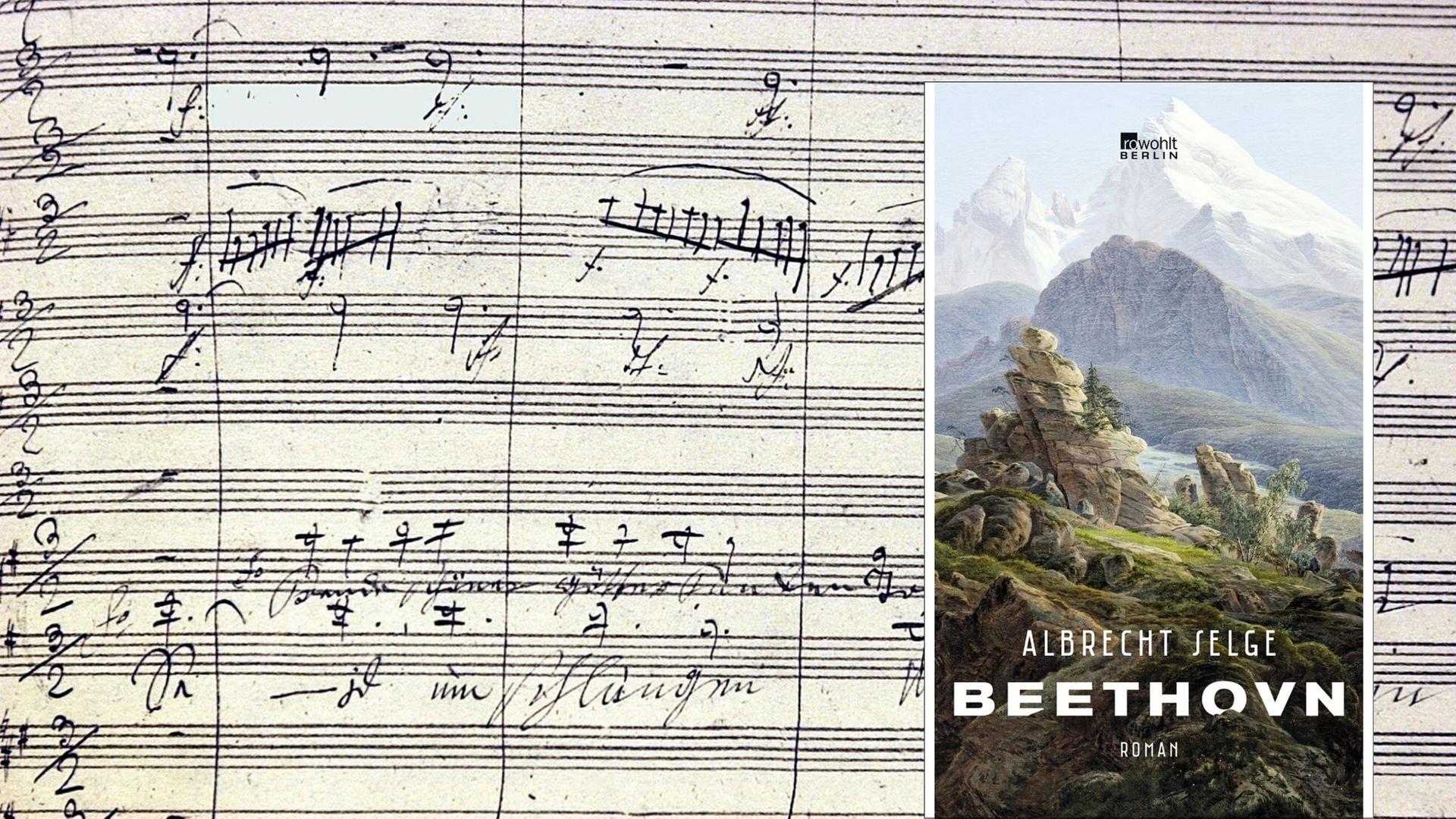 Buchcover: Albrecht Selge: „Beethovn“ und Ausschnitt aus einem Faksimile der Noten von der Neunten Sinfonie von Ludwig van Beethoven Buchcover: Albrecht Selge: „Beethovn“ und Ausschnitt aus einem Faksimile der Noten von der Neunten Sinfonie von Ludwig van Beethoven