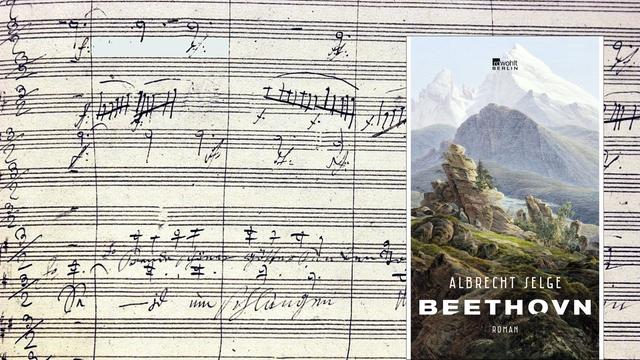 Buchcover: Albrecht Selge: „Beethovn“ und Ausschnitt aus einem Faksimile der Noten von der Neunten Sinfonie von Ludwig van Beethoven