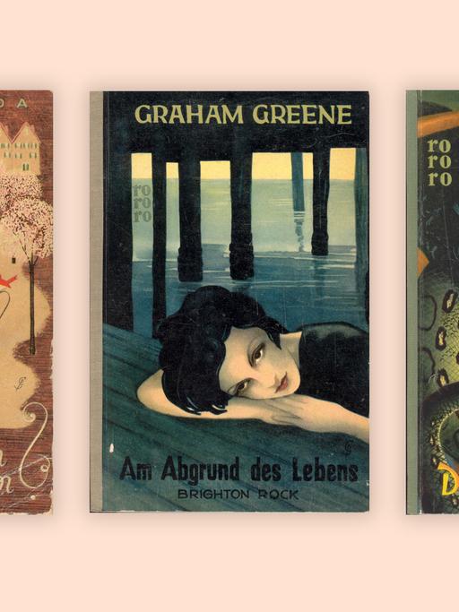Zu sehen sind drei historische Cover von Hans Fallada „Kleiner Mann, was nun“, Graham Greene „Am Abgrund des Lebens“ und Rudyard Kipling „Das Dschungelbuch“