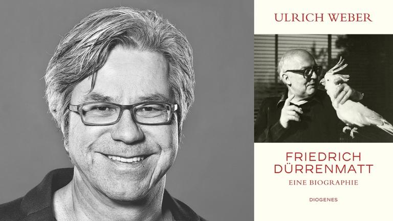 Ulrich Weber: "Friedrich Dürrenmatt. Eine Biographie" Zu sehen sind der Autor des Buches und das Buchcover. Ulrich Weber: "Friedrich Dürrenmatt. Eine Biographie" Zu sehen sind der Autor des Buches und das Buchcover.