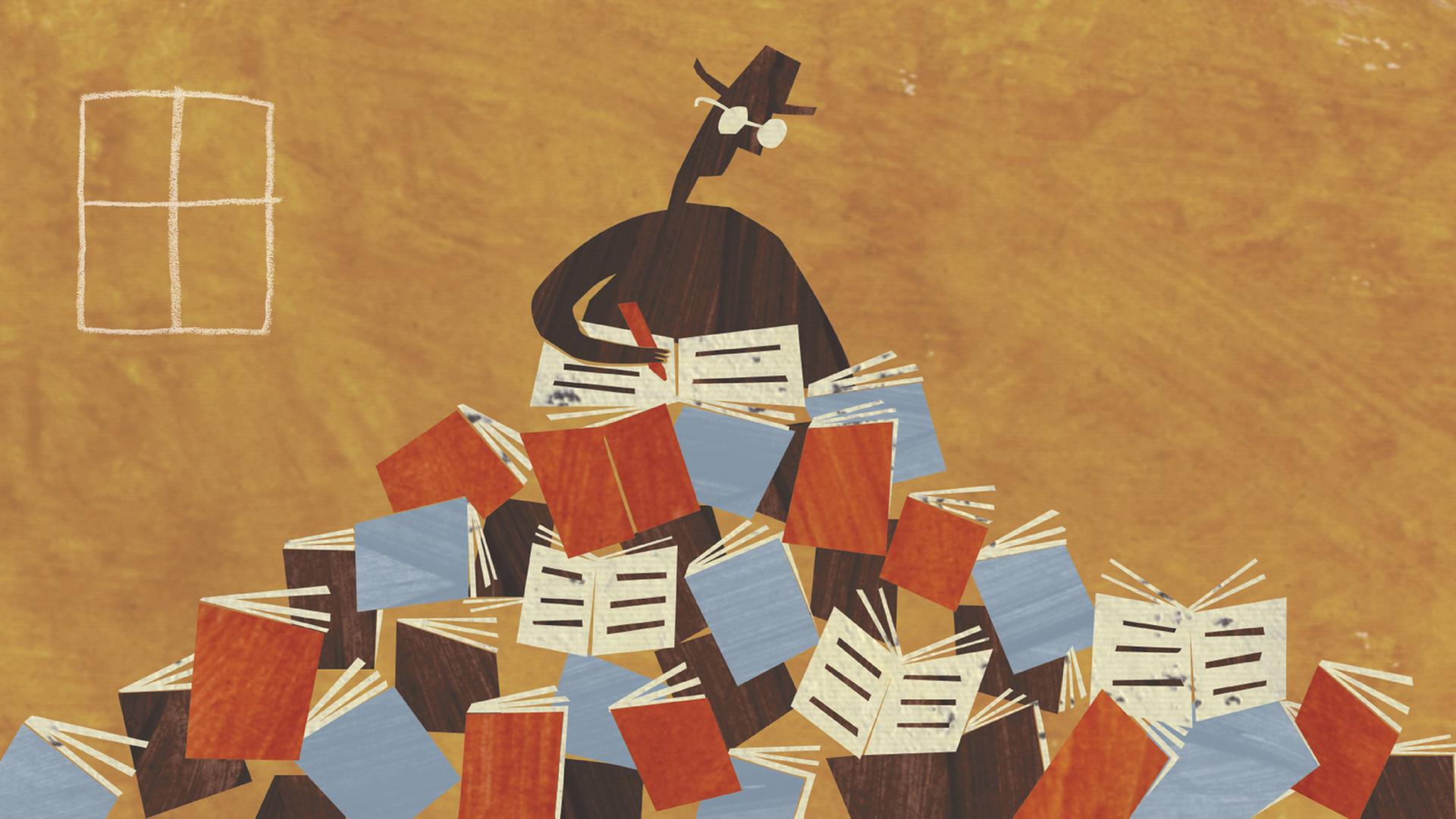 Illustration von einem Mann, der Bücher signiert Illustration von einem Mann, der Bücher signiert