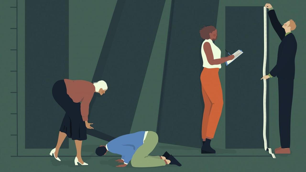 Illustration von Balken dargestellten Analyse-Ergebnissen, vor denen ratlose Menschen stehen. Illustration von Balken dargestellten Analyse-Ergebnissen, vor denen ratlose Menschen stehen.