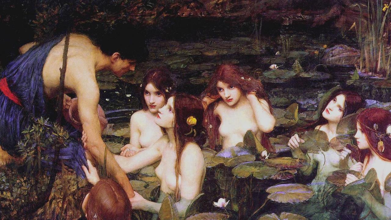 Das Gemälde "Hylas und die Nymphen" (1896) des britischen Malers John William Waterhouse. Das Ölgemälde zeigt eine Szene aus der antiken Mythologie, in der ein junger Mann von mehreren nackten Nymphen in einen Teich in den Tod gelockt wird. Das Gemälde "Hylas und die Nymphen" (1896) des britischen Malers John William Waterhouse. Das Ölgemälde zeigt eine Szene aus der antiken Mythologie, in der ein junger Mann von mehreren nackten Nymphen in einen Teich in den Tod gelockt wird.
