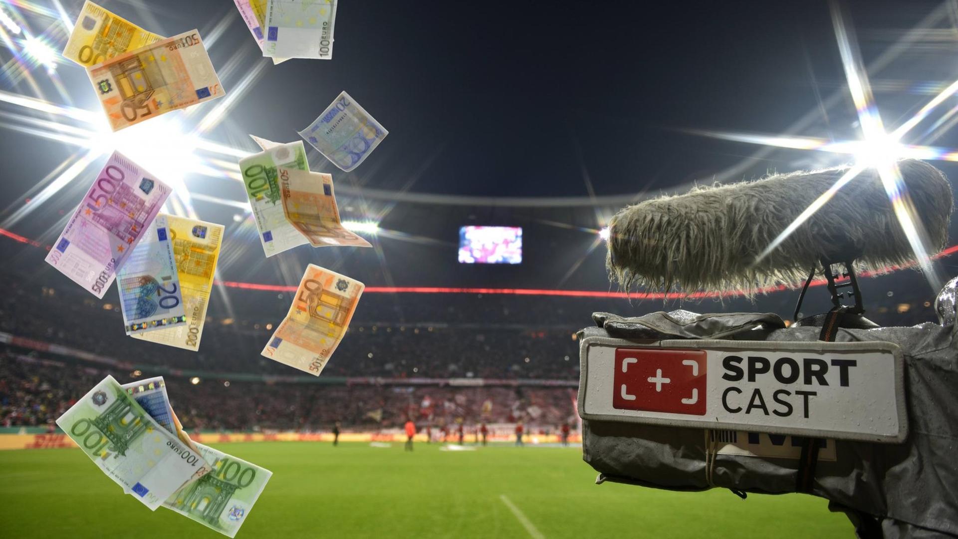 Geldscheine neben einer Kamera im Fußballstadion