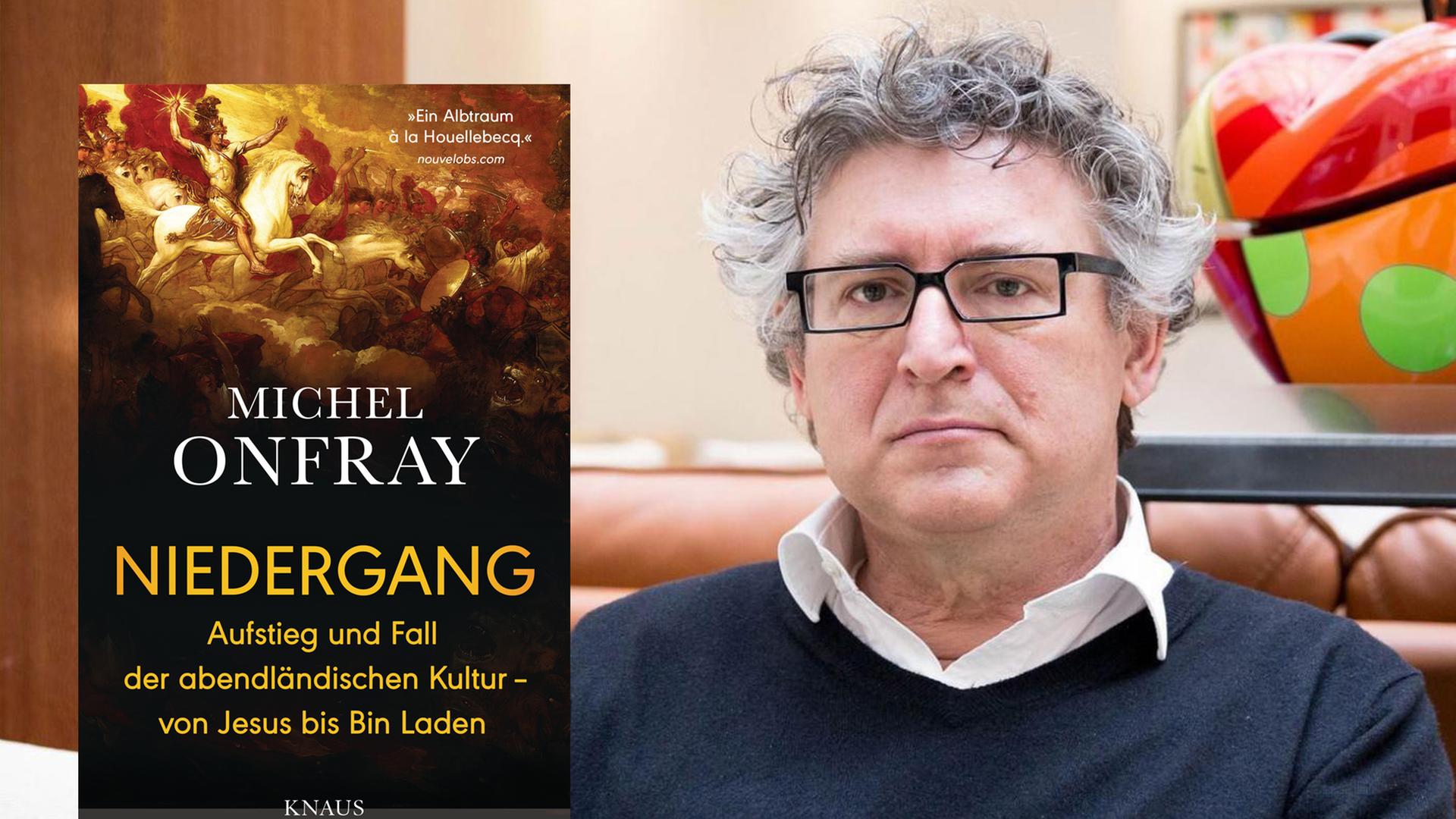 Buchcover "Niedergang" und der französische Philosoph Michel Onfray Buchcover "Niedergang" und der französische Philosoph Michel Onfray