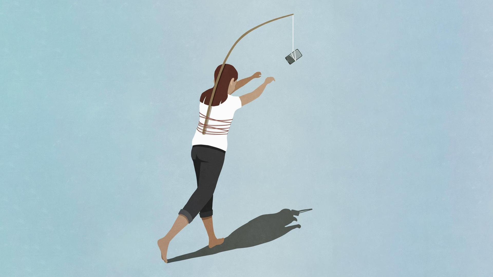 Illustration einer Person, die einem Smartphone hinterherläuft, das vor ihr hängt, aber an ihrem Rücken befestigt ist. Illustration einer Person, die einem Smartphone hinterherläuft, das vor ihr hängt, aber an ihrem Rücken befestigt ist.