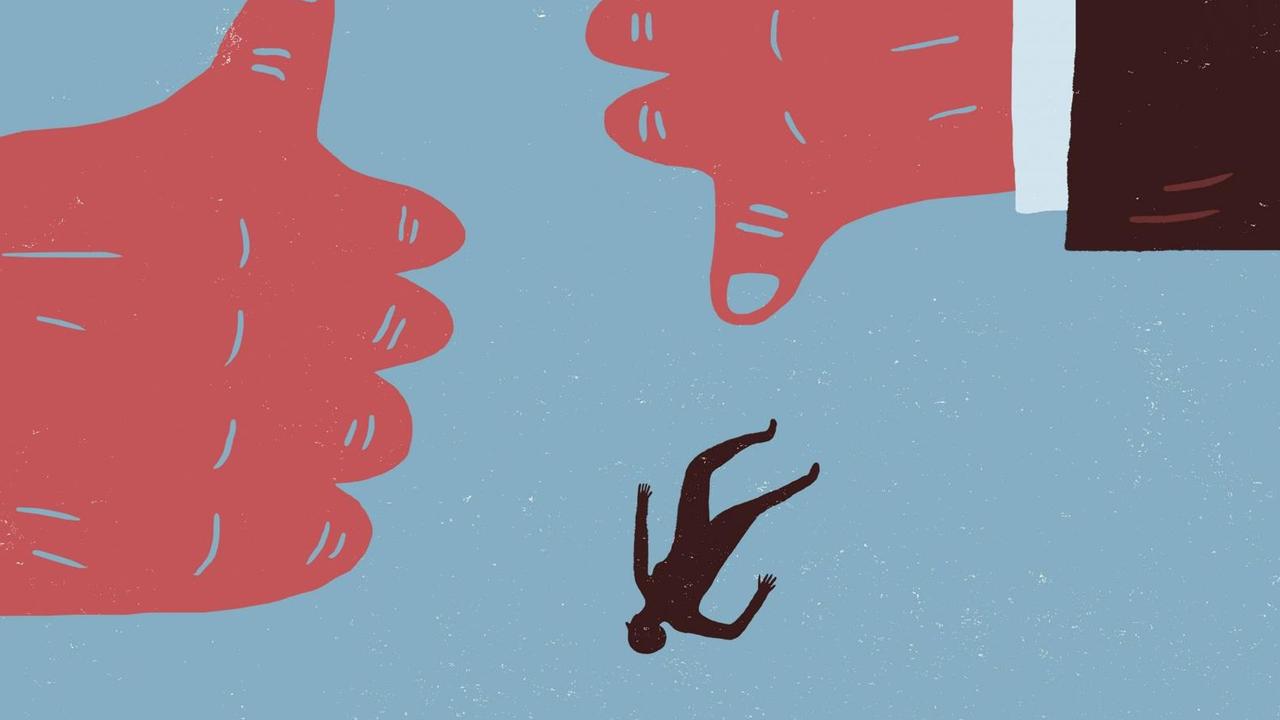 Zwei große Daumen auf blauem Hintergrund zeigen einmal hoch, einmal runter. Auf dem nach oben zeigendem Daumen steht ein Mensch, die Figur auf der anderen Seite fällt hinab. Zwei große Daumen auf blauem Hintergrund zeigen einmal hoch, einmal runter. Auf dem nach oben zeigendem Daumen steht ein Mensch, die Figur auf der anderen Seite fällt hinab.